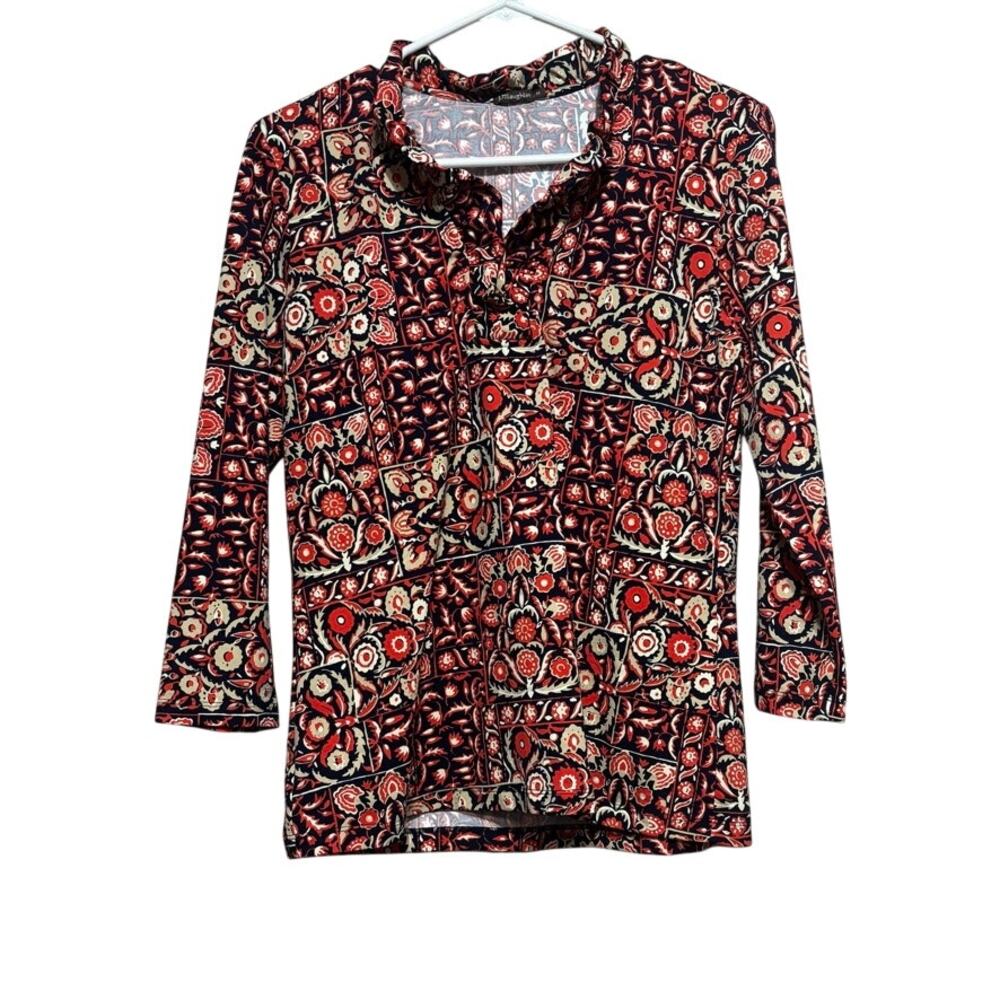 J. McLaughlin Durham Catalina Cloth Red Medallion Ruffle Collar Top 3/4 Sleeve M - Picture 1 of 8